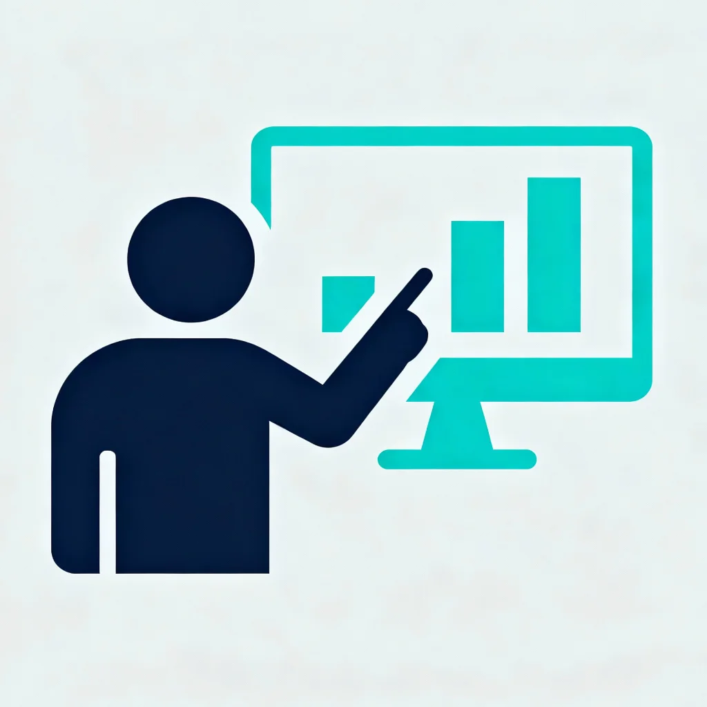 A minimalist icon of a person pointing at a screen with data charts, representing AI data training.