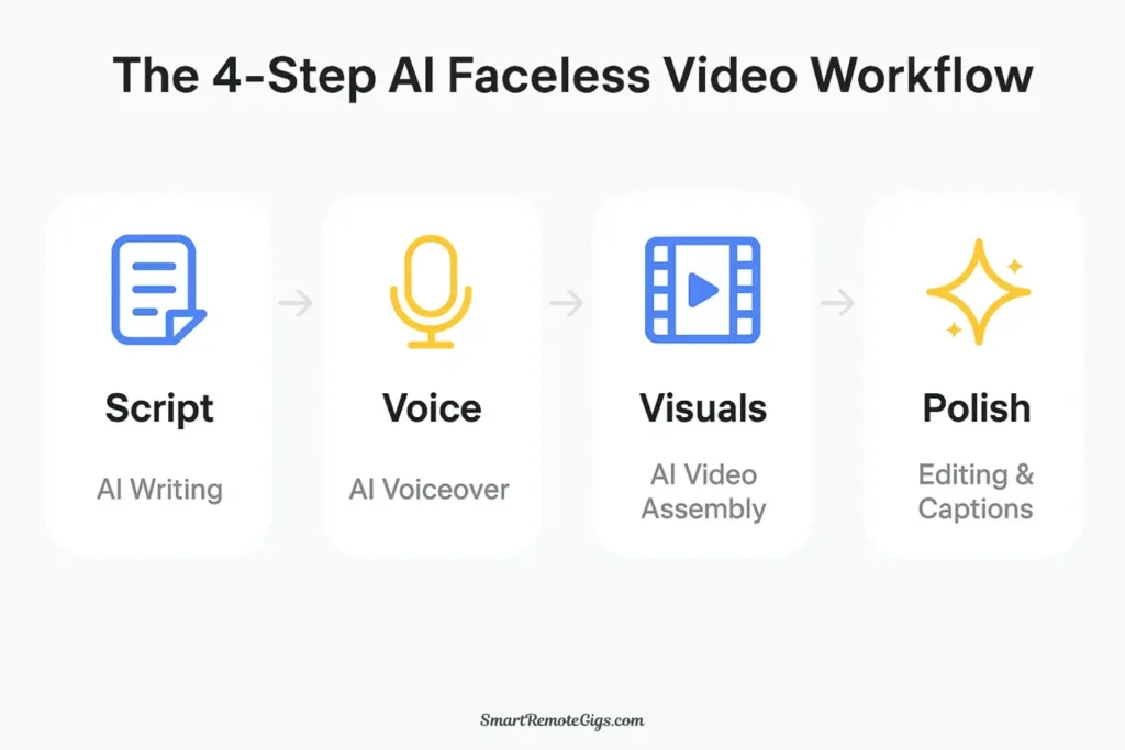 An infographic showing the 4-step workflow for creating faceless YouTube videos with AI: Script, Voice, Visuals, and Polish.