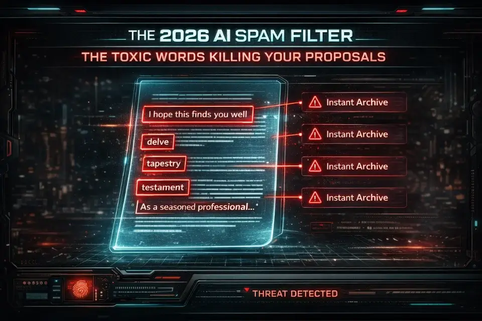An infographic highlighting the exact AI-generated words and phrases that cause clients to instantly delete freelance proposals in 2026.