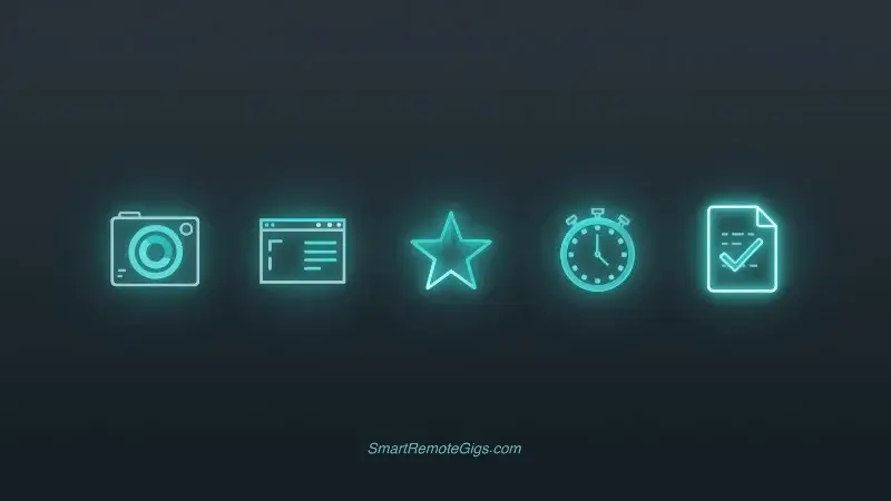 Five icons representing our testing criteria for AI image generators: image quality, ease of use, free plan generosity, speed, and prompt following.