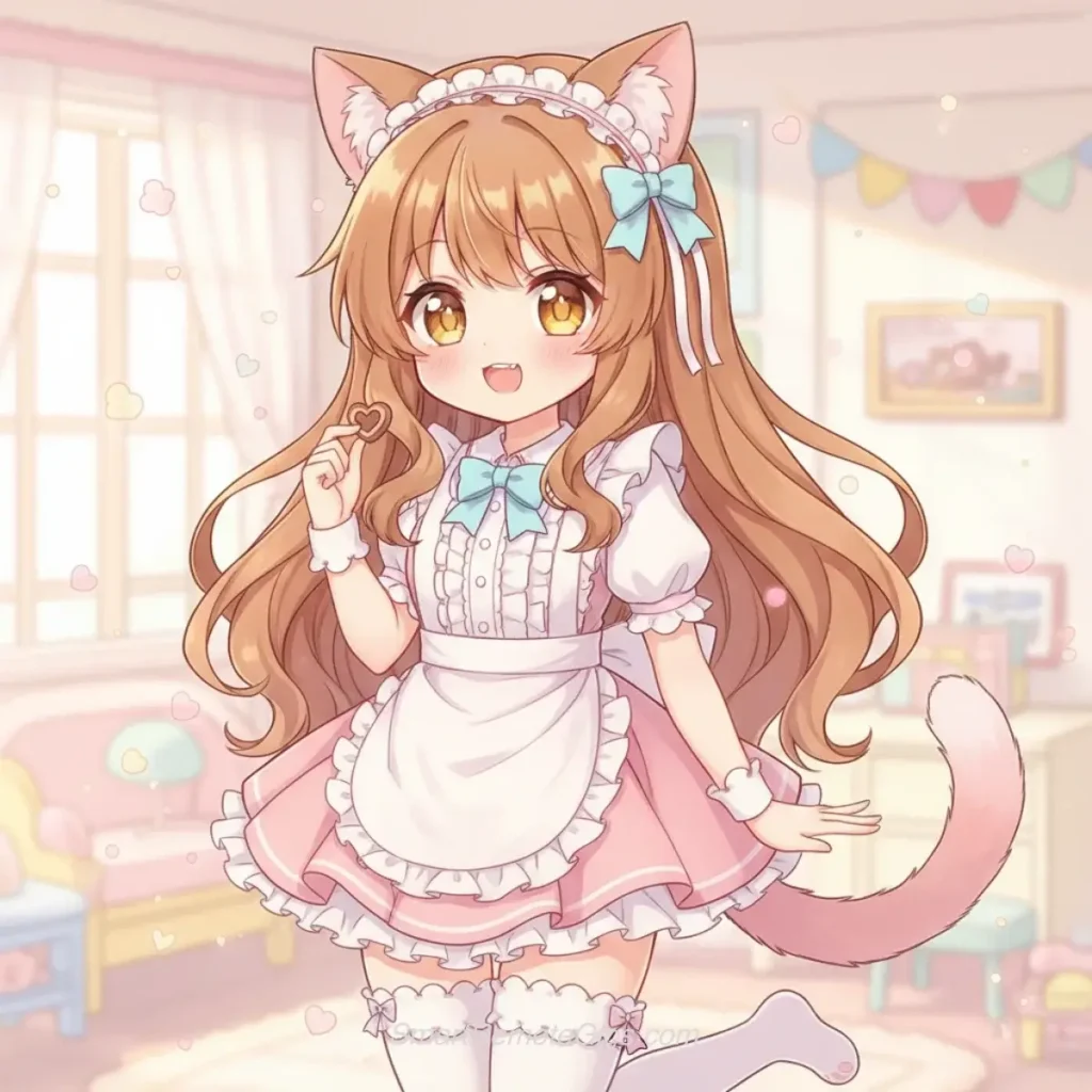 AI art example in a cute chibi style of an anime cat girl character wearing a maid outfit.