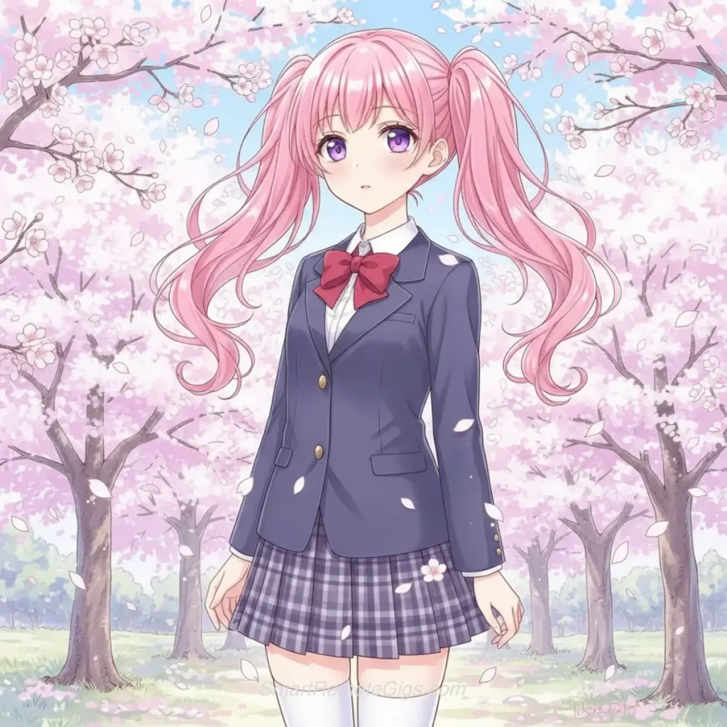 AI art example in a manga style of an anime girl with pink hair and a school uniform under falling cherry blossoms.