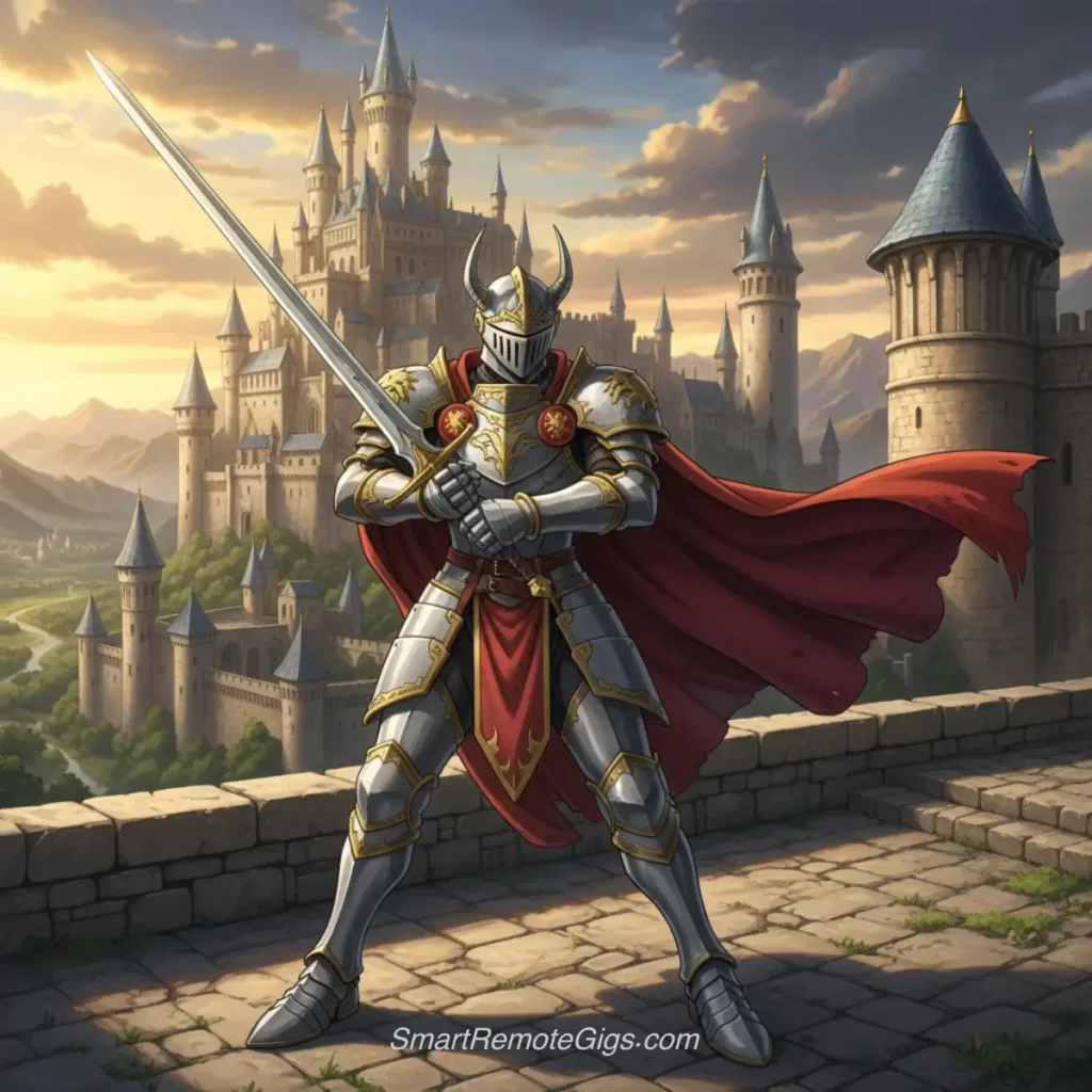 AI art example of an anime-style knight in shining armor with a flowing cape in front of a medieval castle.
