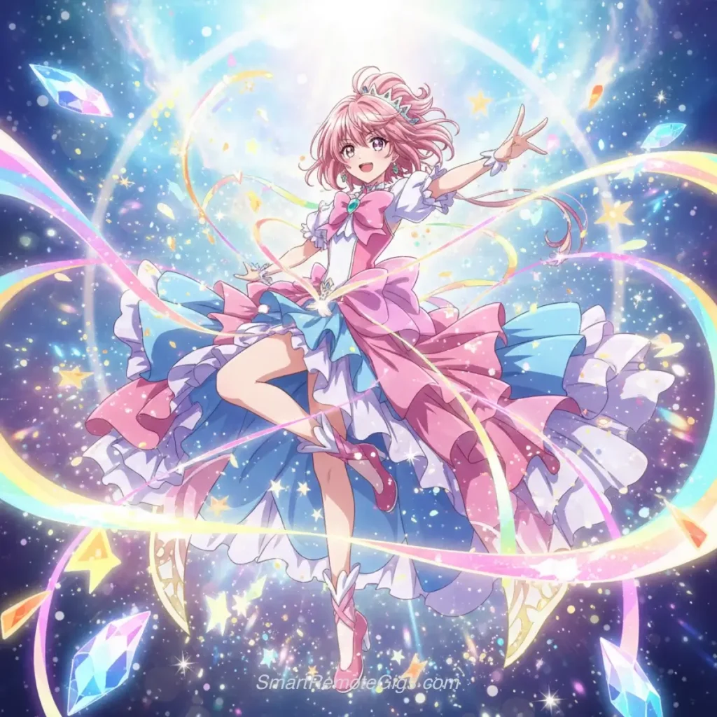 AI art example of a dramatic anime-style magical girl transformation scene with sparkles and ribbons.