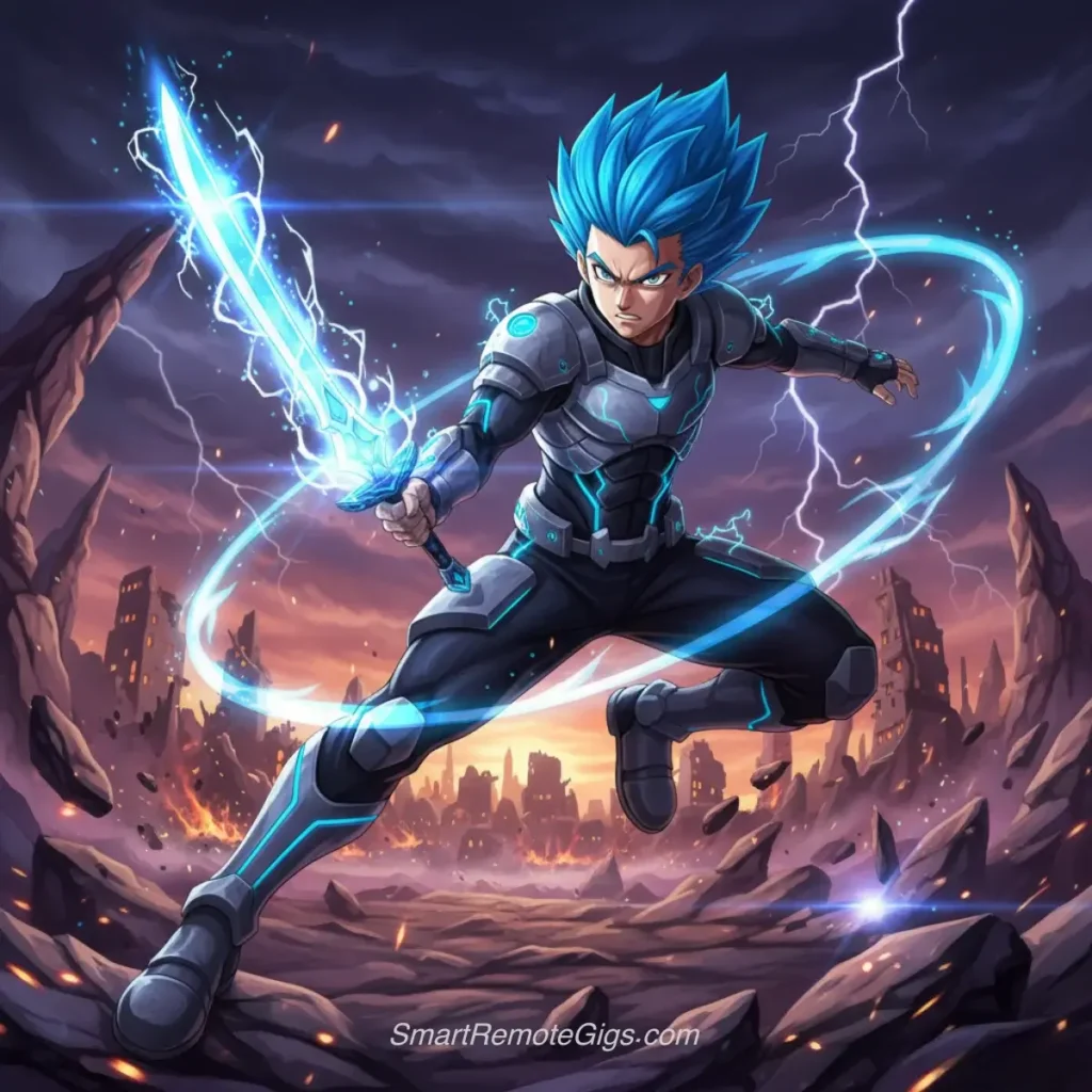 AI art example in a shonen anime style of a warrior with spiky blue hair and a glowing sword in a dynamic pose.