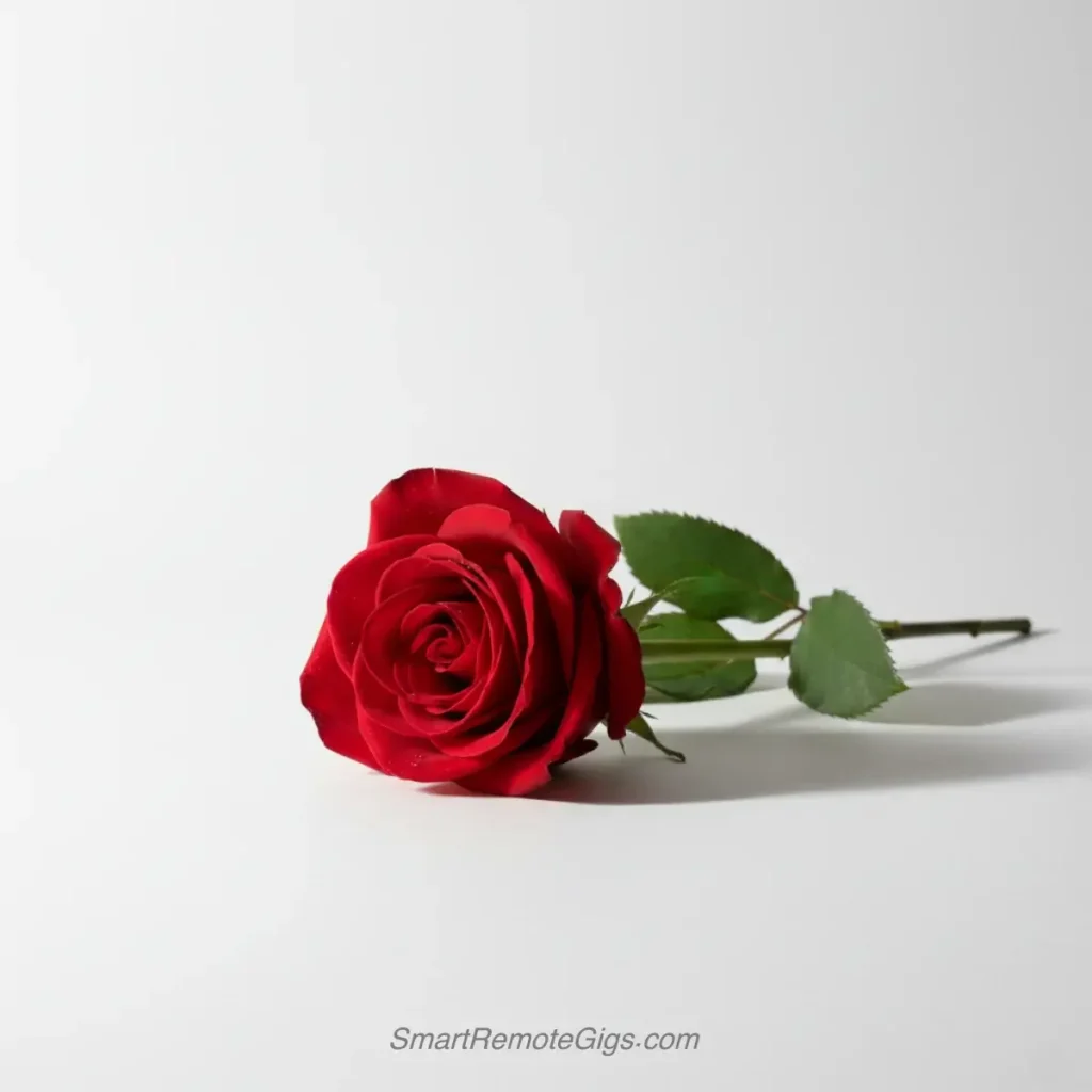 AI art example of a minimalist fine art photograph of a single red rose on a pristine white surface.