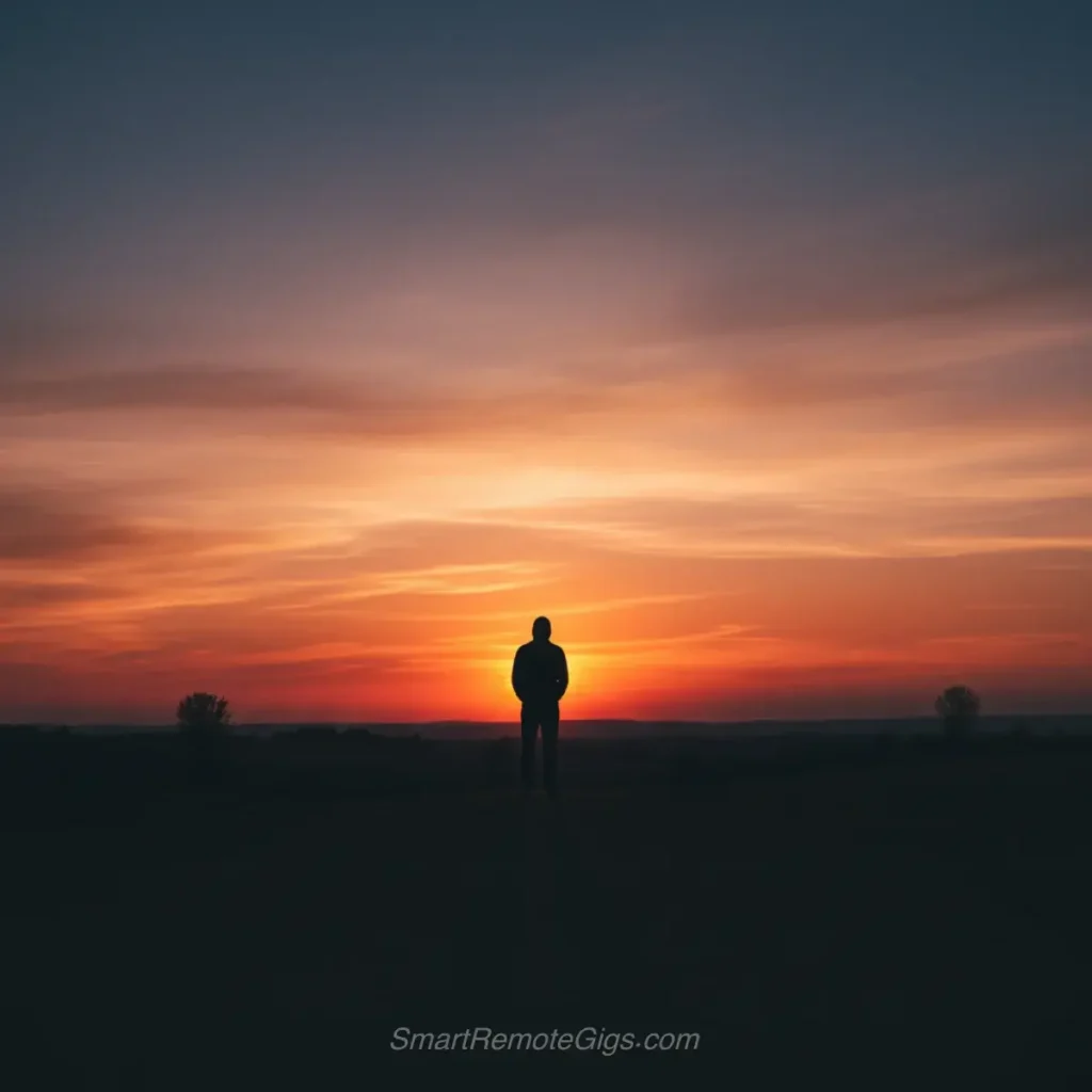 AI art example of an emotional, minimalist landscape showing a lone figure's silhouette against a vast sunset.