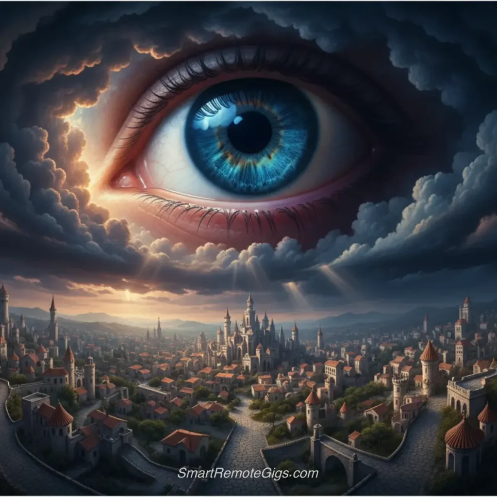 AI art example of a surrealist fantasy scene of a giant eye in the sky watching over a miniature city.
