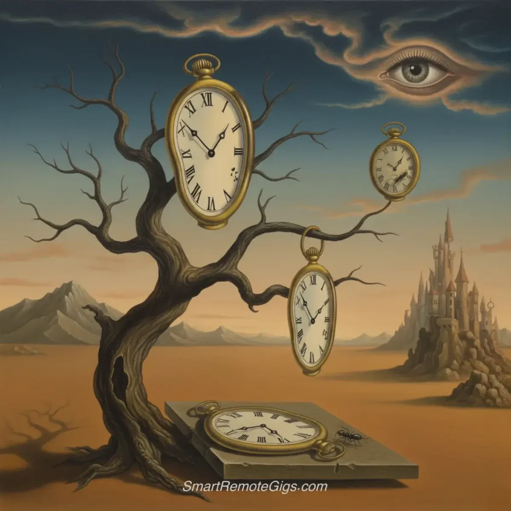 AI art example of a surrealist painting inspired by Salvador Dali, with floating clocks melting over tree branches.