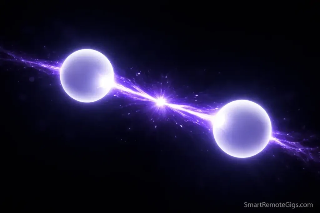 Two glowing spheres connecting via an electric purple beam, representing atomic note linking.