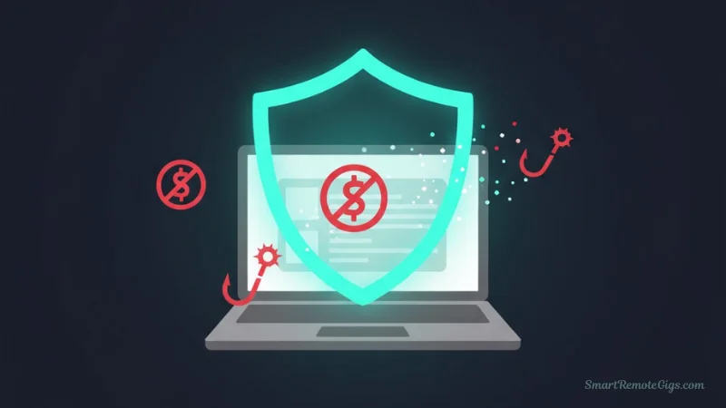 An illustration of a digital shield protecting a laptop from red warning icons like money requests and phishing hooks, symbolizing online job safety.