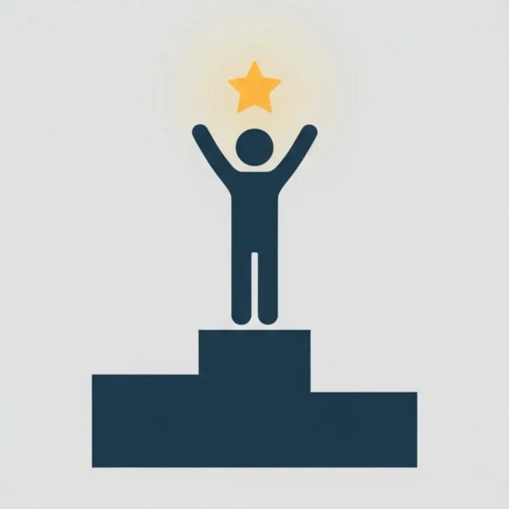 An icon of a figure standing on the top of a winner's podium with a star above their head, symbolizing becoming a go-to expert.