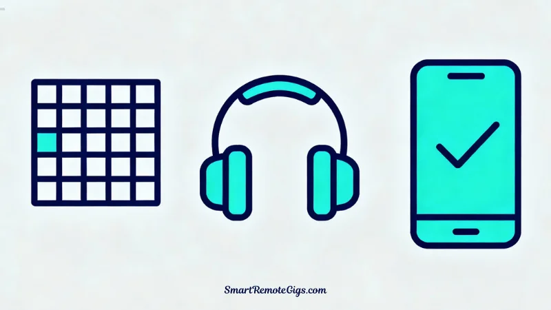 A graphic featuring three icons side-by-side: a spreadsheet for data entry, headphones for transcription, and a smartphone with checkmarks for micro-tasks.