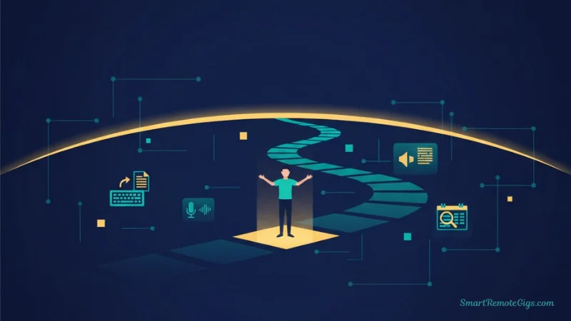 An illustration of a person confidently stepping onto a digital path labeled "Remote Work," representing a beginner starting their journey to earning online.