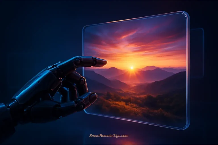 A robotic hand touching a screen from which a vibrant landscape emerges, representing the best free AI image generators of 2025.
