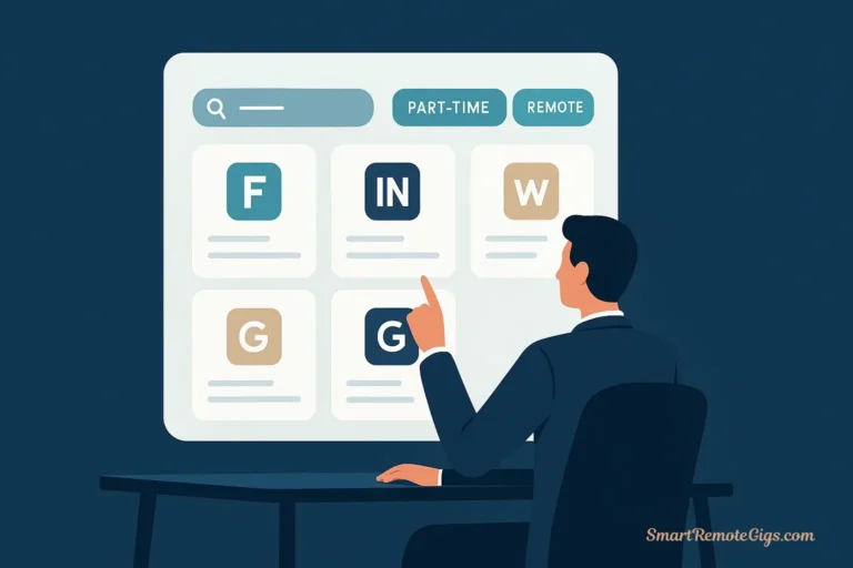 An illustration of a person thoughtfully comparing several job website logos on a screen, choosing the best platform for finding part-time remote jobs.