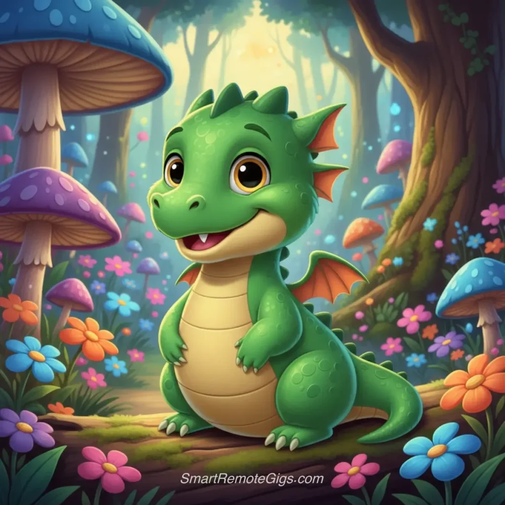 AI art example of a friendly, cute cartoon dragon in a Disney animation style with a colorful forest background.