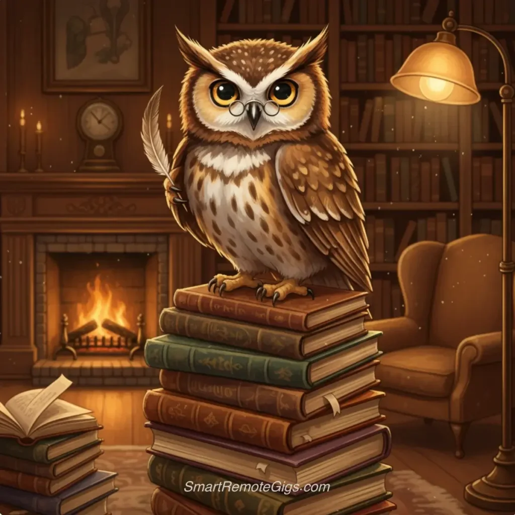AI art example of a whimsical illustration of a wise old owl wearing tiny glasses perched on a stack of books.