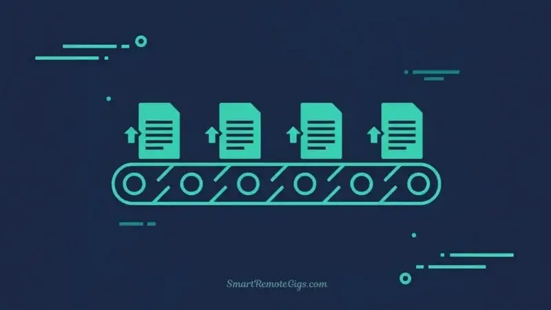 An illustration of a steady, flowing production line of documents, symbolizing the consistent workflow offered by CastingWords.