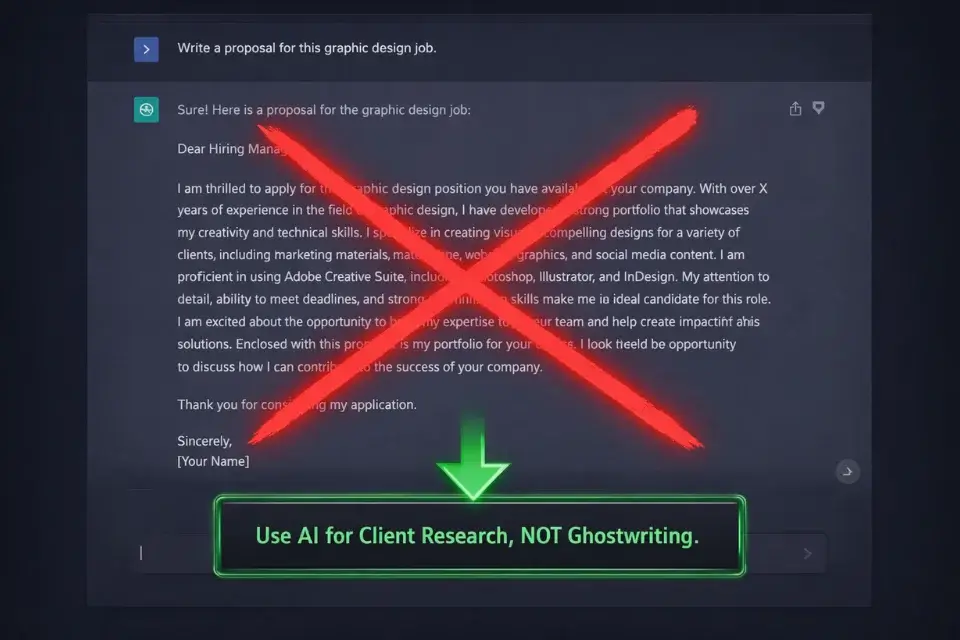 A screenshot of a generic ChatGPT freelance proposal crossed out with a red X to demonstrate the copy-paste mistake.