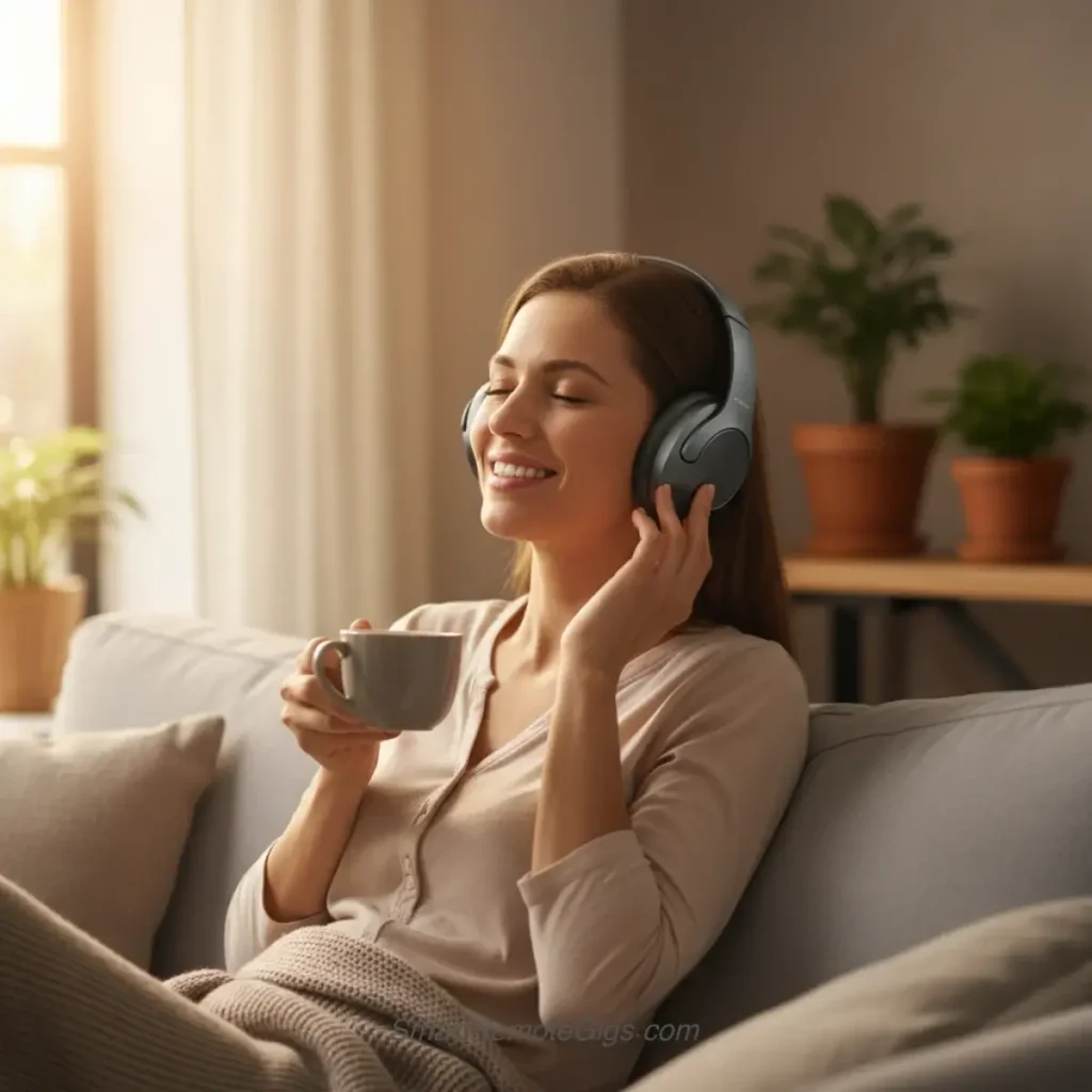 AI art example of authentic brand storytelling showing a happy customer using a product in a natural home setting.