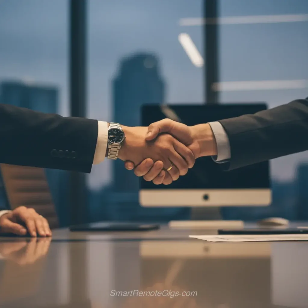 AI art example of a close-up commercial photograph of a handshake between two business partners.