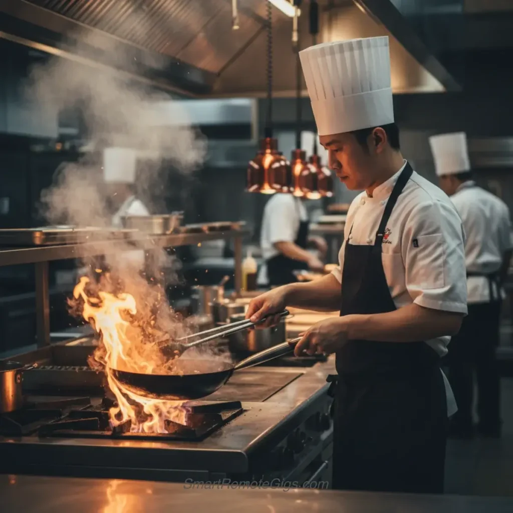 AI art example of a culinary industry action shot of a professional chef cooking in a commercial kitchen.