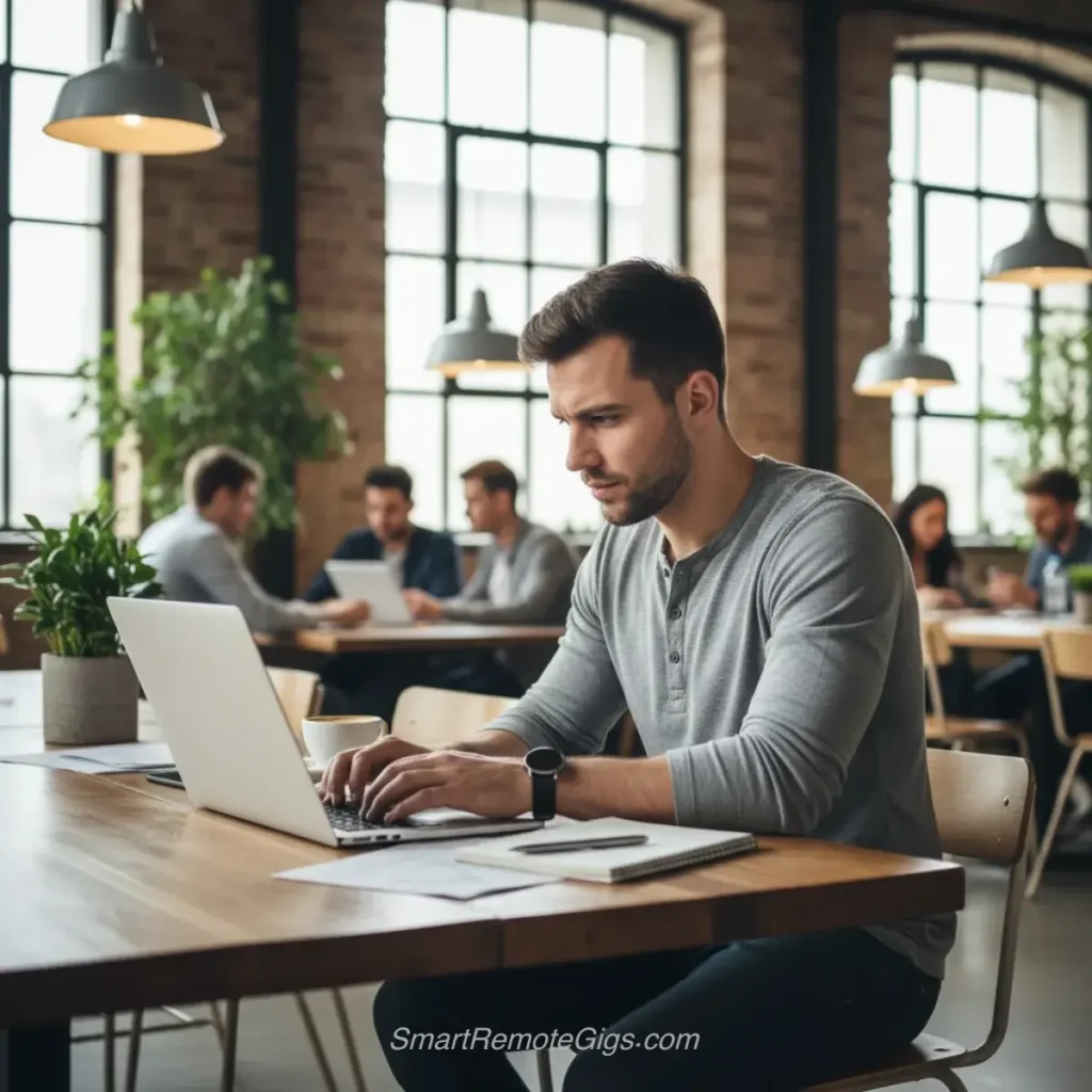 AI art example of lifestyle business photography of a focused entrepreneur working on a laptop in a stylish coworking space.