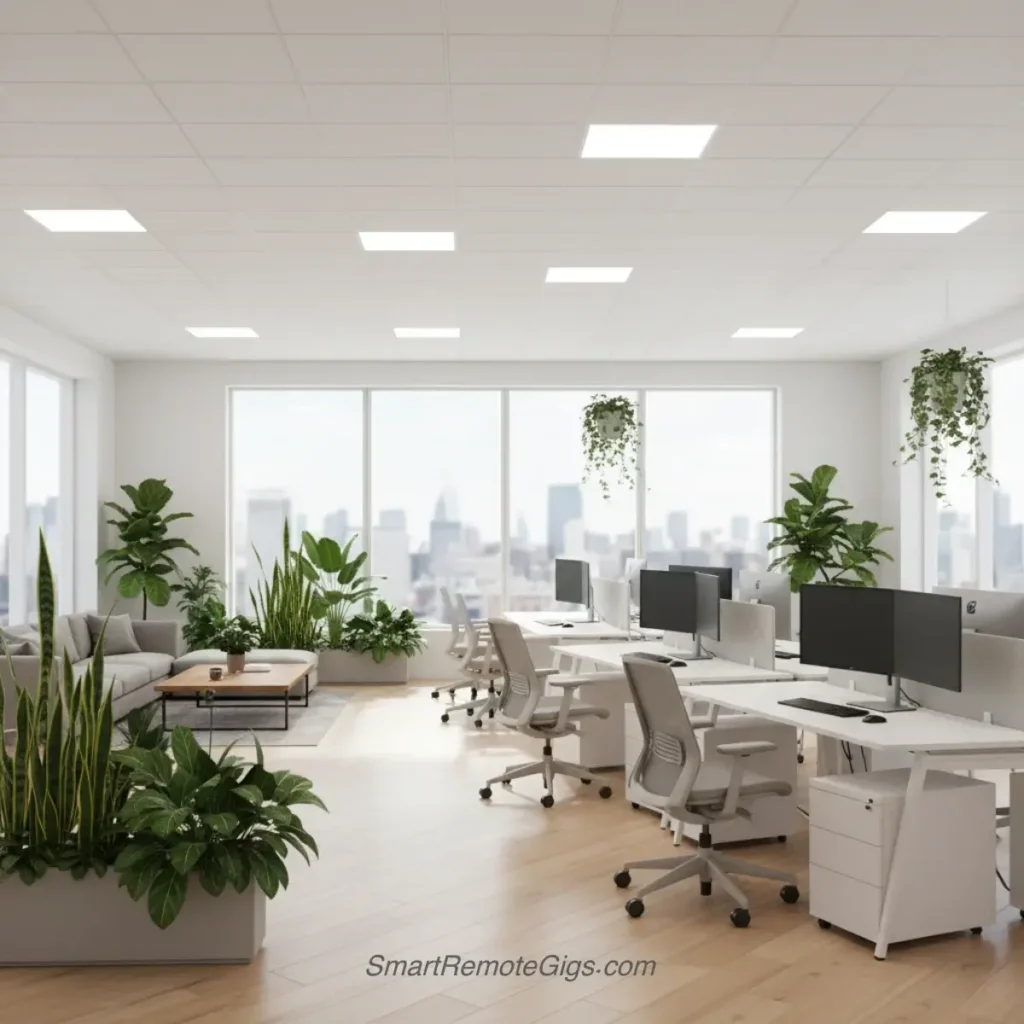 AI art example of workplace environment photography showing a modern office space with plants and natural light.