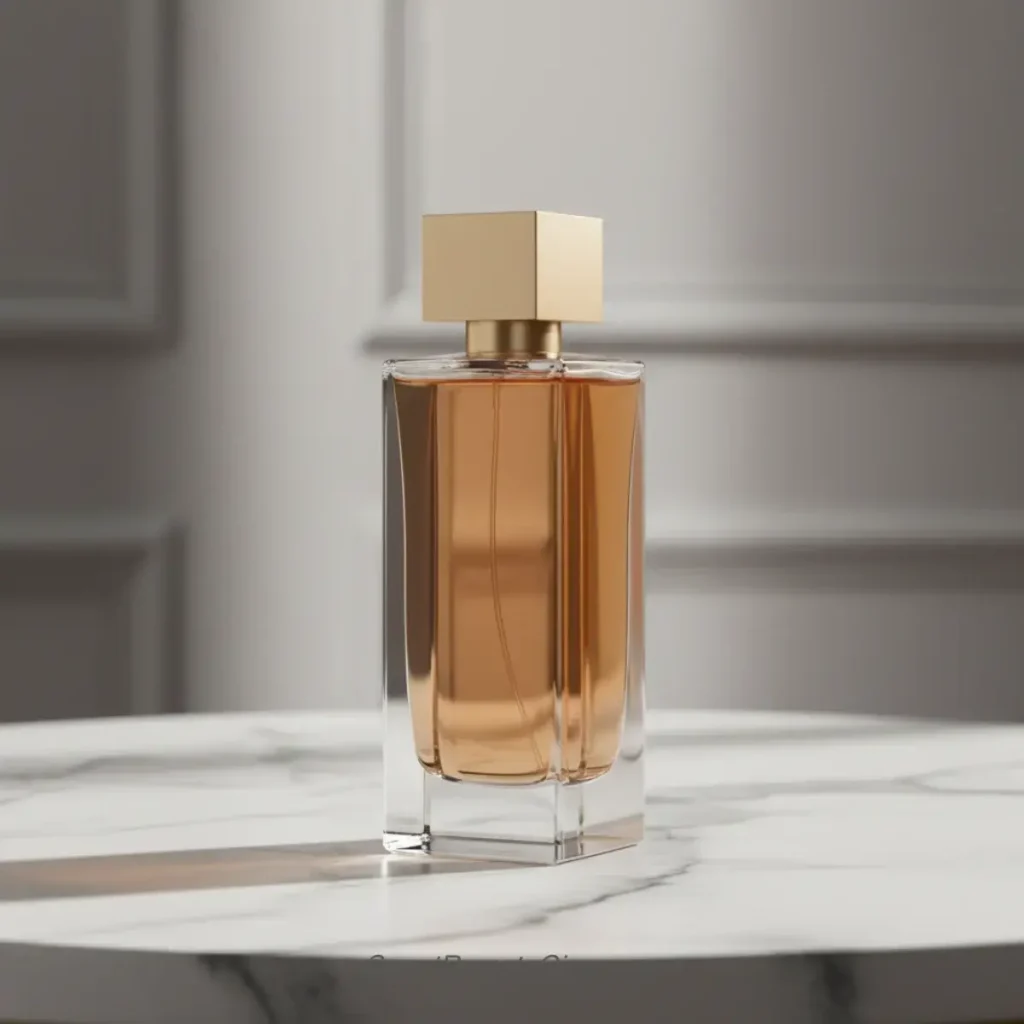 AI art example of a premium product photograph of a luxury perfume bottle on an elegant marble surface.