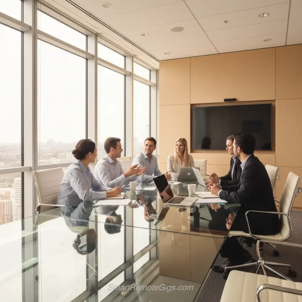 AI art example of corporate photography showing a diverse team meeting in a modern, naturally lit conference room.