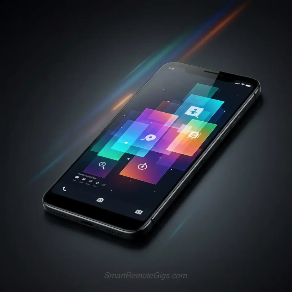 AI art example of a sleek, dramatically lit product shot of a high-tech smartphone for technology marketing.
