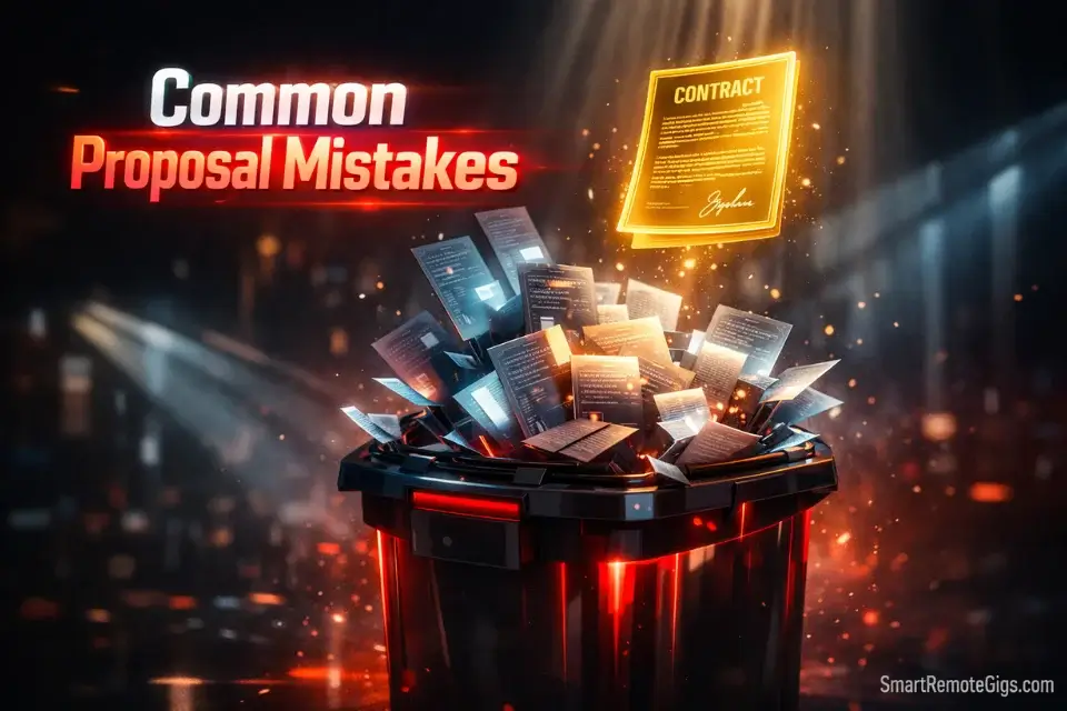 3D cinematic rendering of the text Common Proposal Mistakes hovering over a digital trash bin full of rejected holographic proposals.