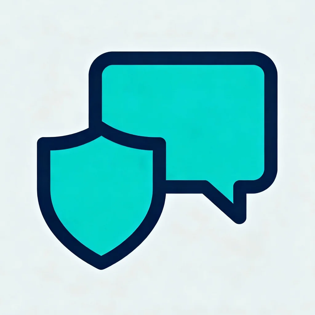 A minimalist icon of a shield protecting a speech bubble, representing content moderation.