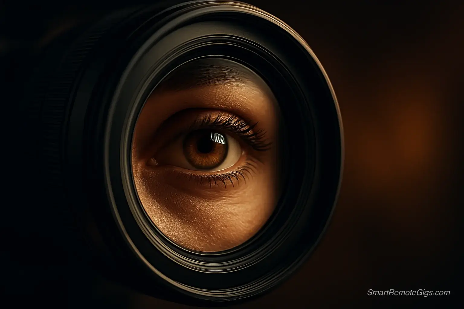 A futuristic camera lens reflecting a photorealistic portrait of an eye, symbolizing the pro tips for creating photorealistic AI images.