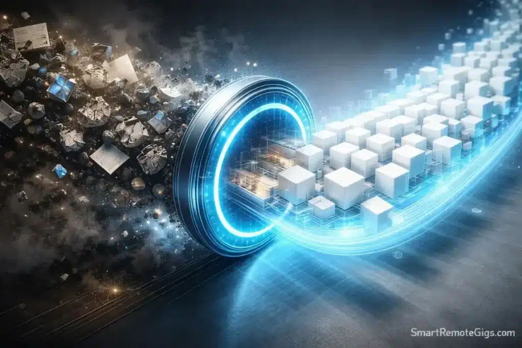 A digital filter cleaning up chaotic data into organized blocks.