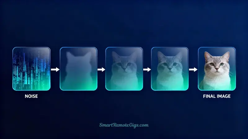 A diagram explaining how Diffusion Models work, showing a sequence of images from random noise to a final clear picture through a step-by-step denoising process.