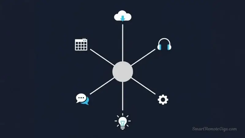 An illustration of a central hub connecting to several different platform icons, representing the strategy of signing up for multiple remote job platforms.