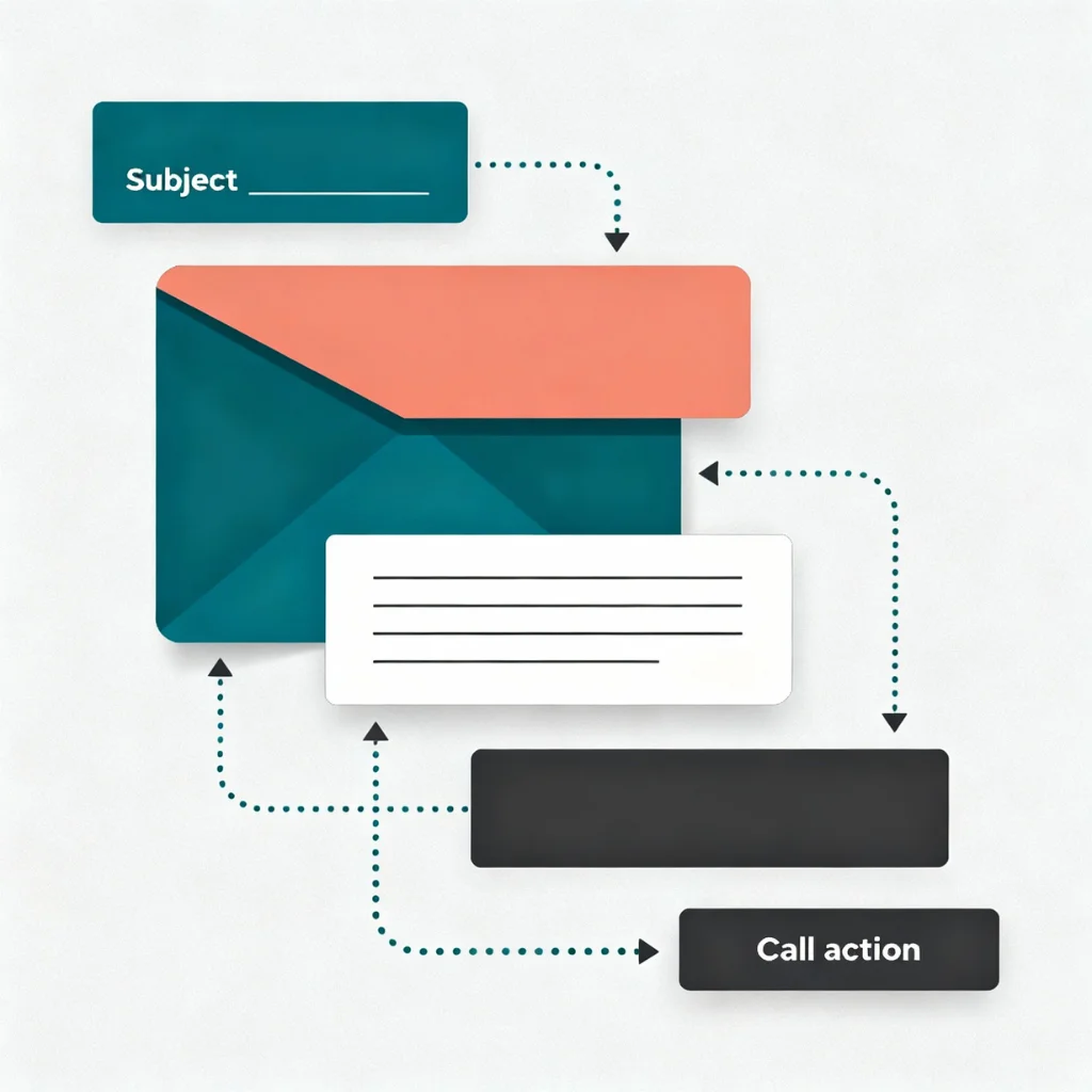 A diagram showing the four essential sections of a freelance cold pitch being drafted in order.