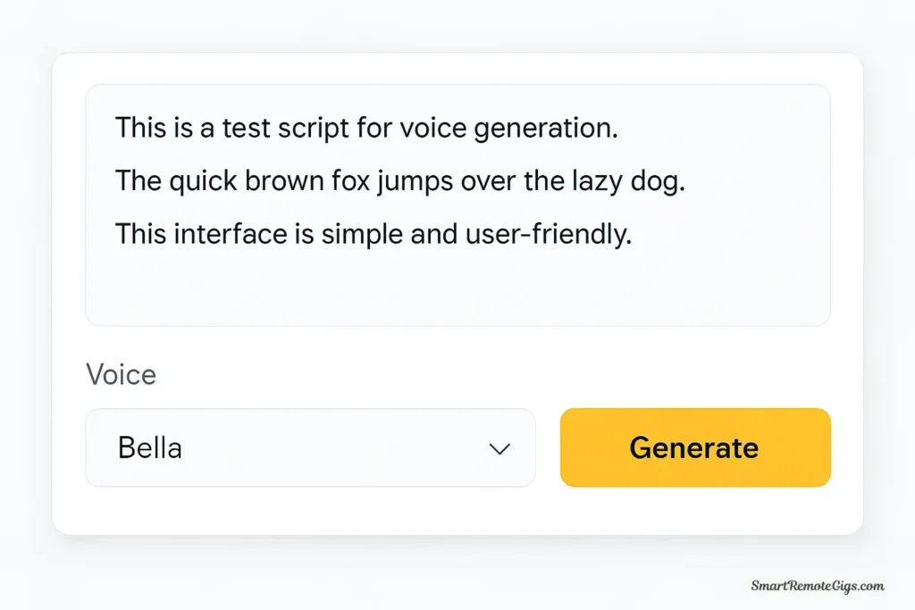 A screenshot of the ElevenLabs AI voice generator, showing a text box with a script and the voice selection and generation settings.