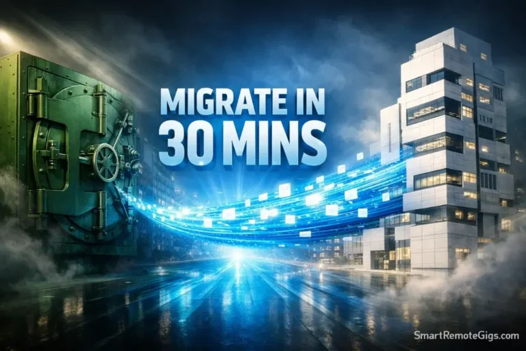 A high-speed digital bridge transferring data from a green vault to a white modern building.