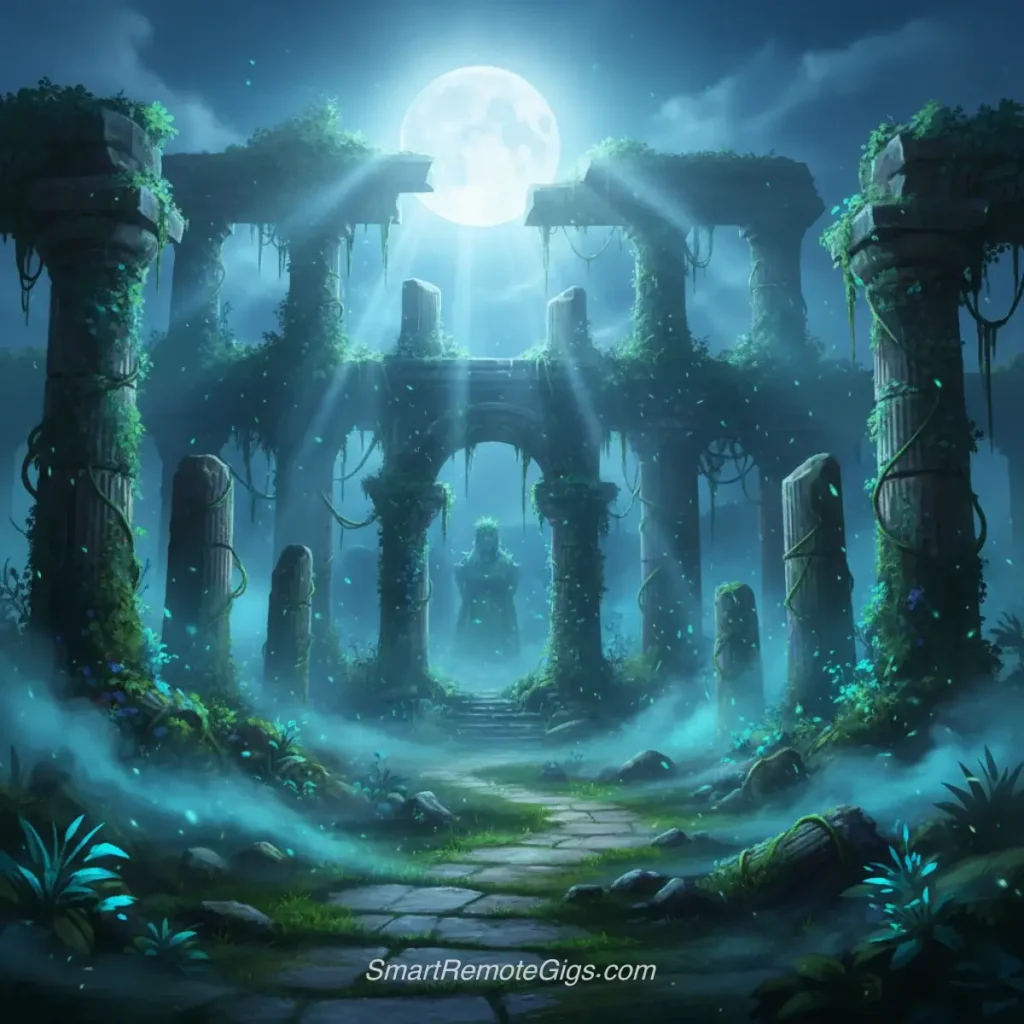 AI art example of a mysterious scene of ancient temple ruins overgrown with glowing vines in the moonlight.