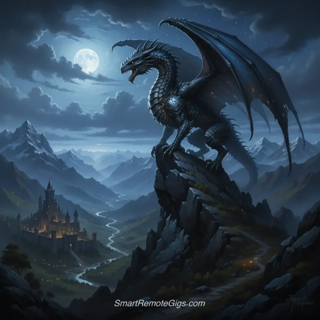 AI art example of an epic fantasy painting of a powerful dragon perched on a mountain peak overlooking a castle.