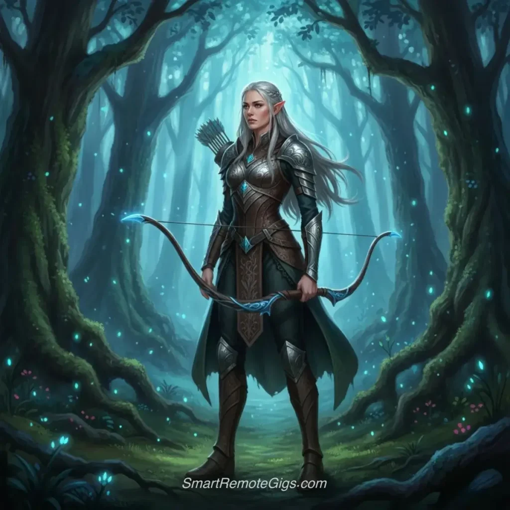 AI art example of a fantasy-style elegant elven archer with silver hair standing in an enchanted, magically lit forest.