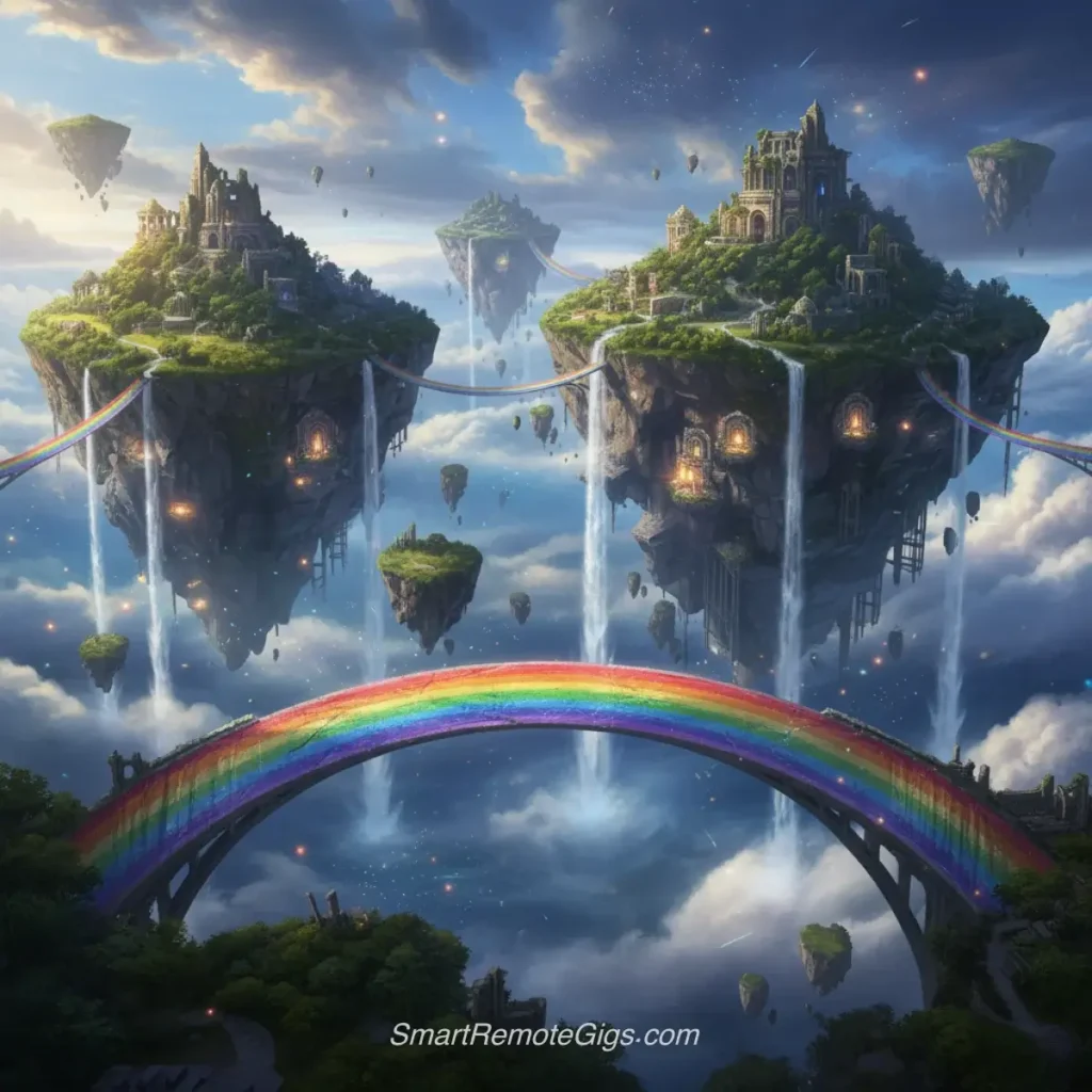 AI art example of a surreal, wide panoramic fantasy landscape of floating islands connected by rainbow bridges.