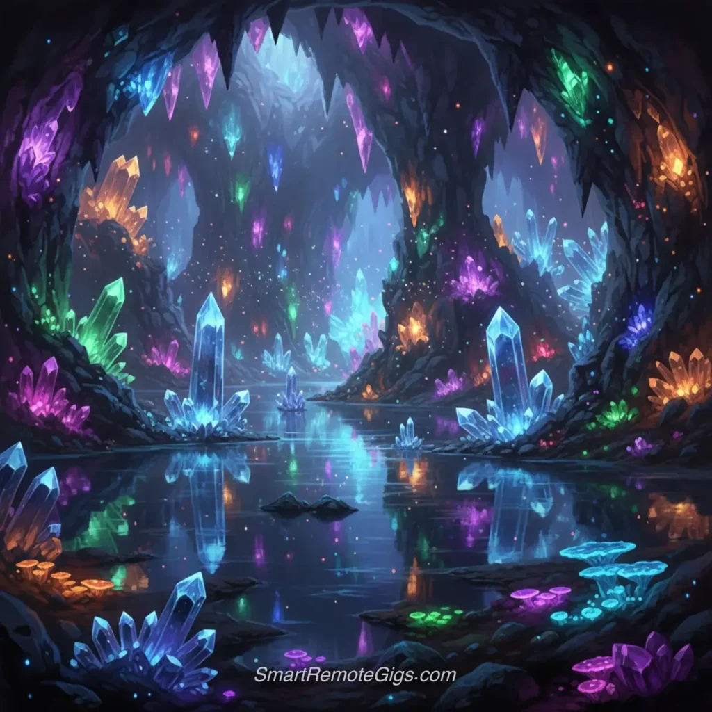 AI art example of fantasy environment art of a magical crystal cave with glowing gems and an underground lake.