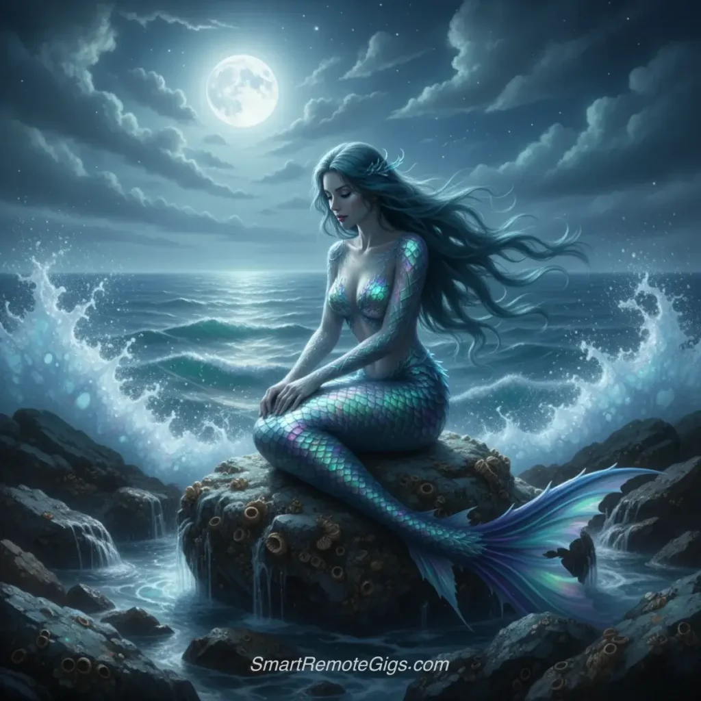 AI art example of a fantasy photography style image of a mermaid sitting on a rocky shore in the moonlight.