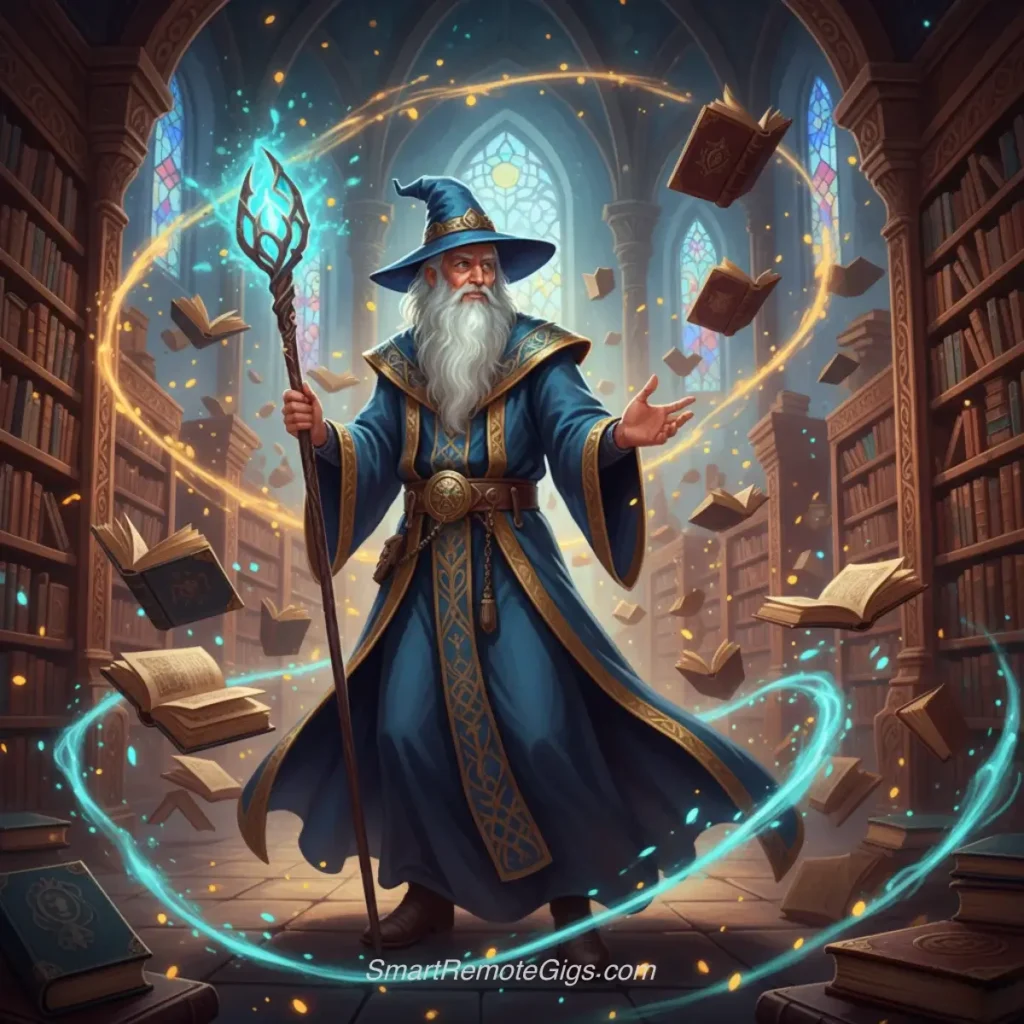 AI art example of a fantasy illustration of a wise wizard with a glowing staff in a magical library with floating books.