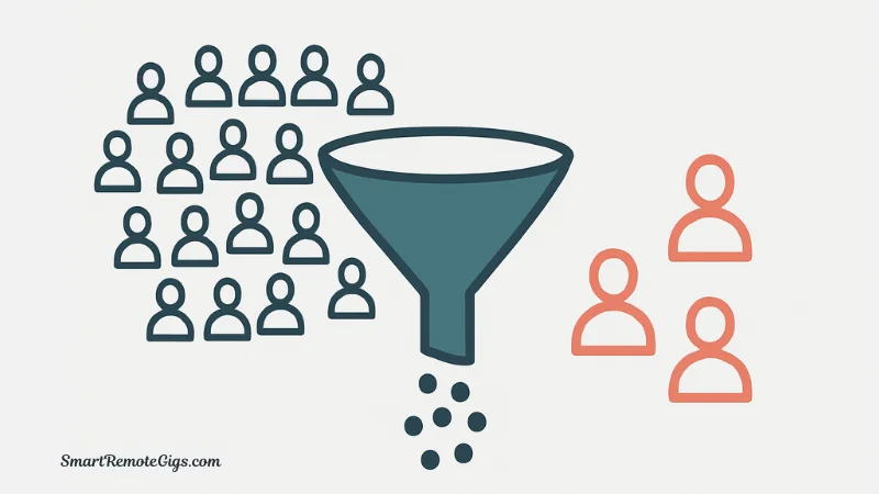 Illustration of a funnel filtering a large crowd to find and connect with specific, ideal clients on LinkedIn.