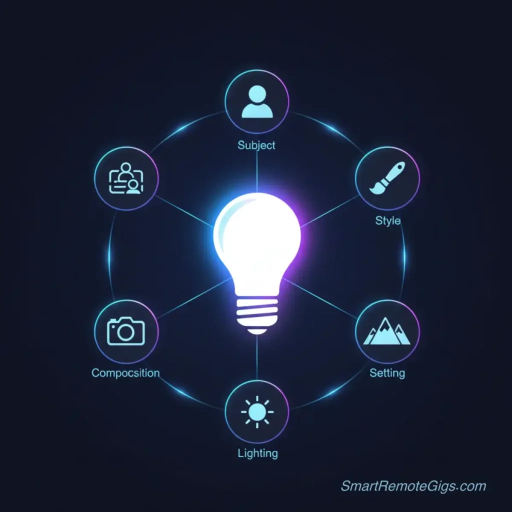 A graphic showing the 5 ingredients of an effective AI prompt: Subject, Style, Setting, Lighting, and Composition.